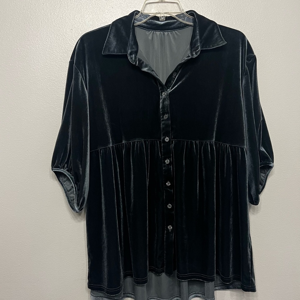 Blue Velvet Tiered Button-Up Swing Tunic Button Down Blouse Size XL